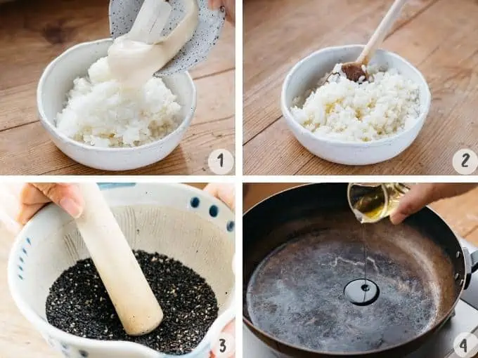 4 images collage of black sesame chahan making process 
