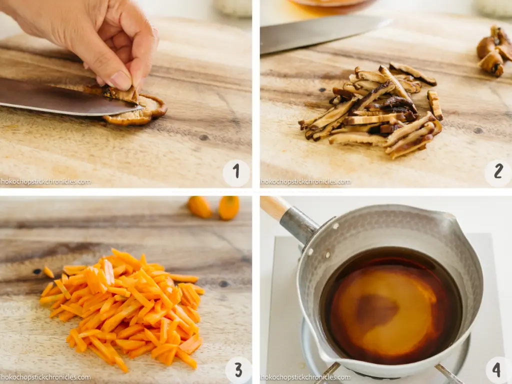 cutting chirashi ingredients in 4 images 