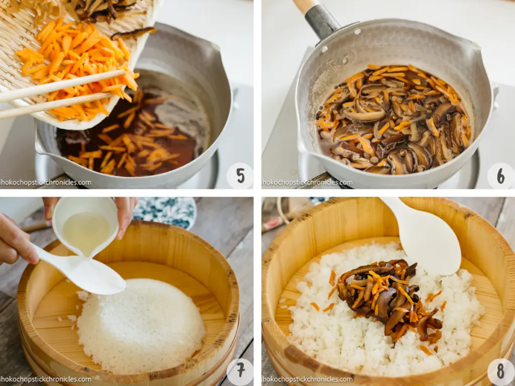 cooking cut ingredients and mixing with sushi rice in 4 images collages 