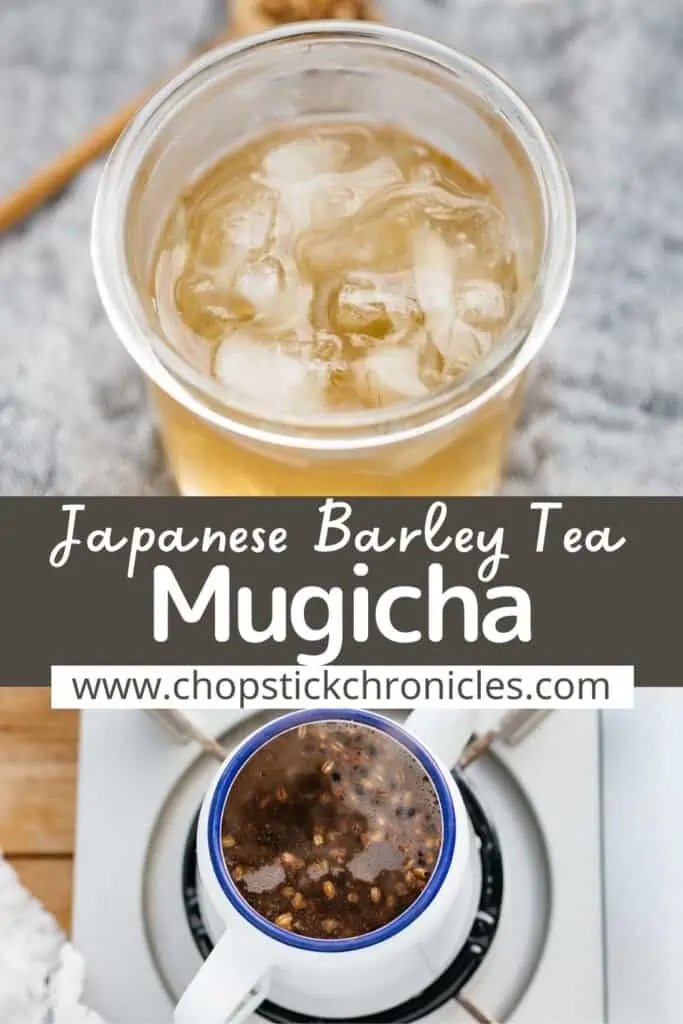 two images of Mugicha barley tea collaged wwith a text overlay for pinterest