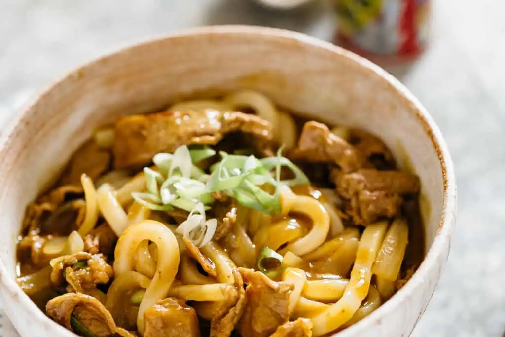 curry udon in a large noodle bowl