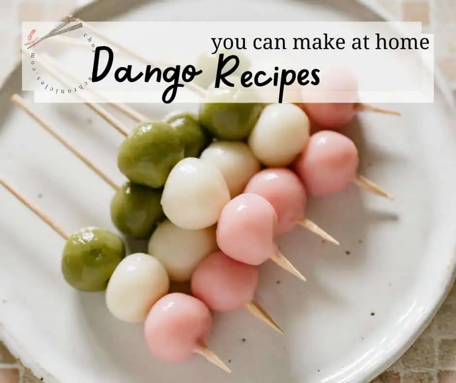 Hanami dango on skewers served on a plate image with text overlay