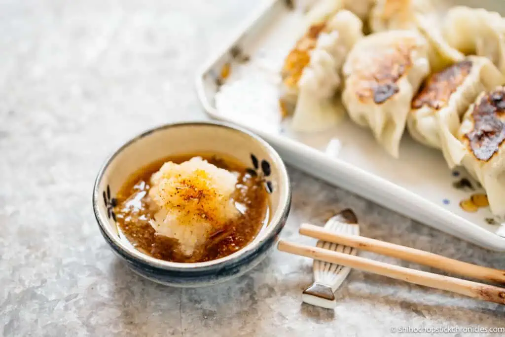 grated daikon and ponzu gyoza sauce in a small bowl