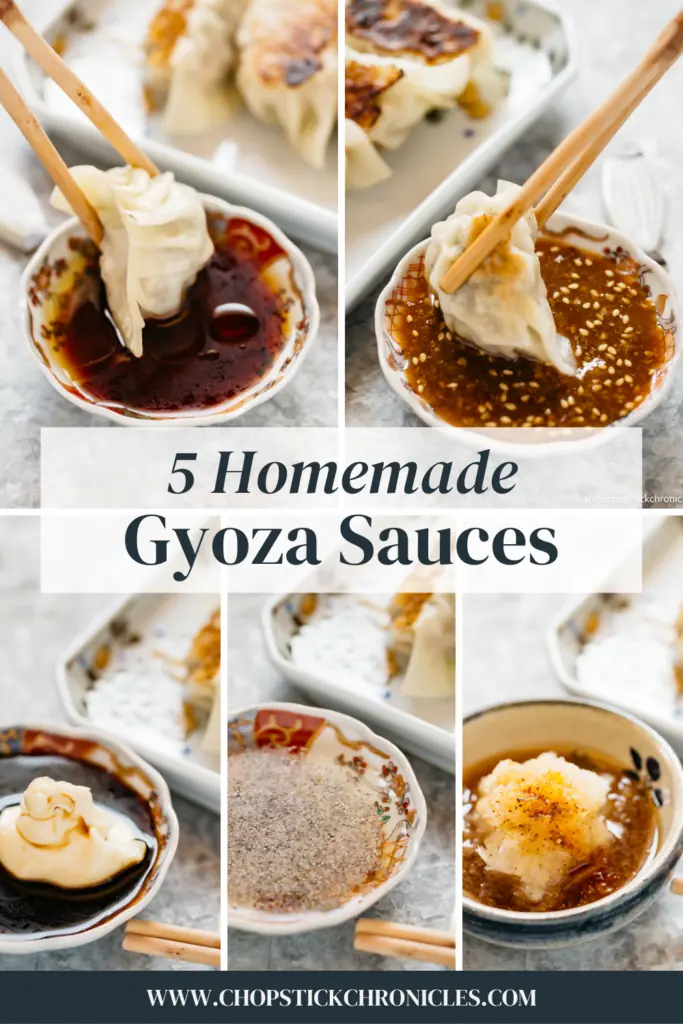 5 images of gyoza sauces collaged with text overlay for pinterest