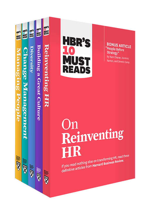 A set of five colorful books from "HBR's 10 Must Reads on Reinventing HR" series.