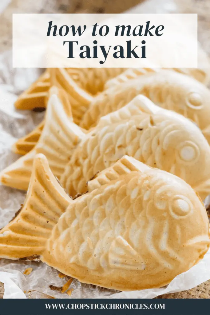three taiyaki on a parchment paper with text overlay for pinterest