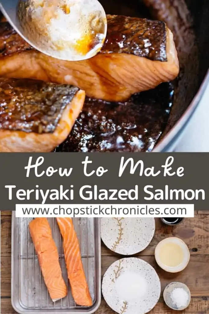 two image of teriyaki glazed salmon collage with text overlay for pinterest pin
