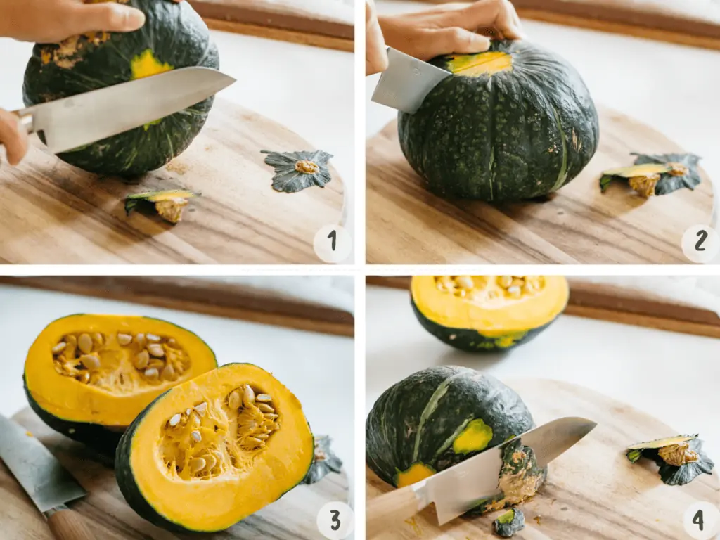 4 images showing how to cut kabocha squash 