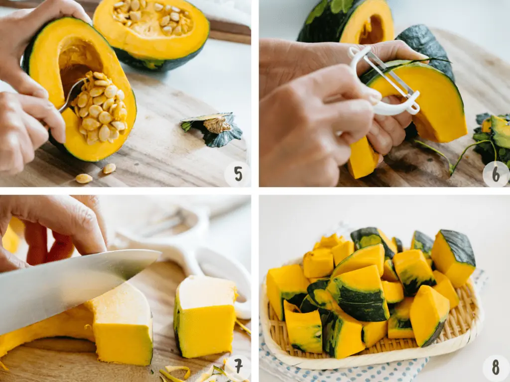 4 images of kabocha squash being cut collage