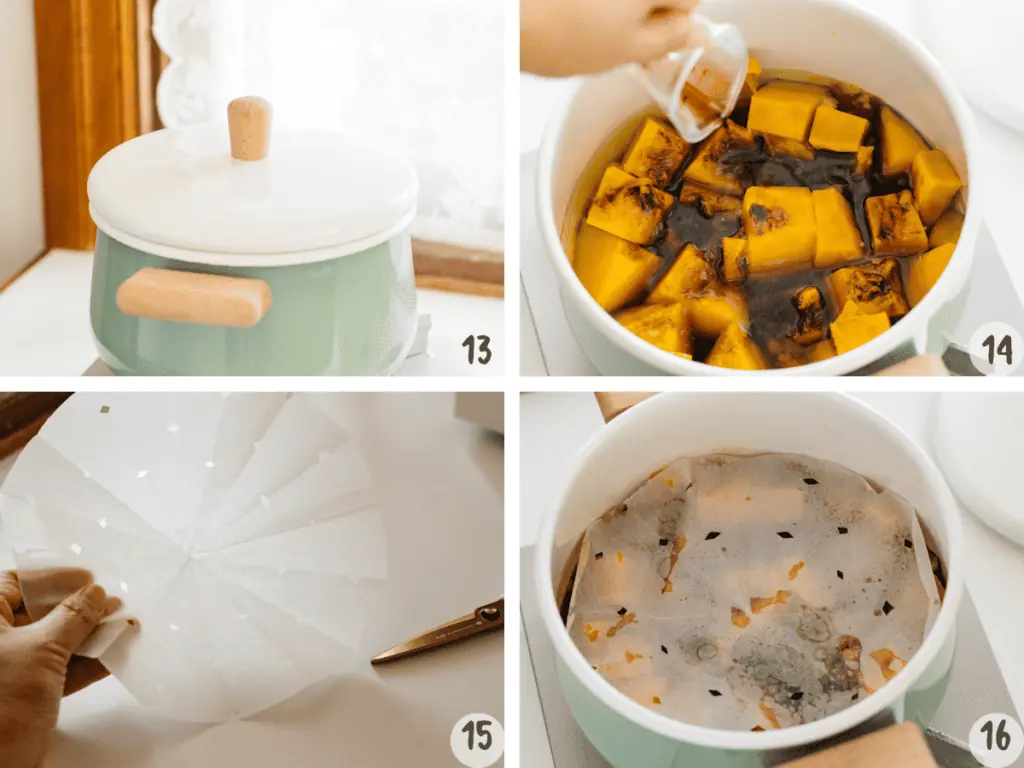 4 images of kabocha squash in a cooking pot and soy sauce and drop lid placed over