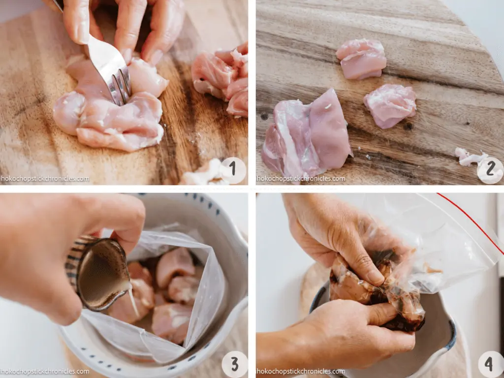4 images of karaage chicken step by step instruction marinating chicken pieces 