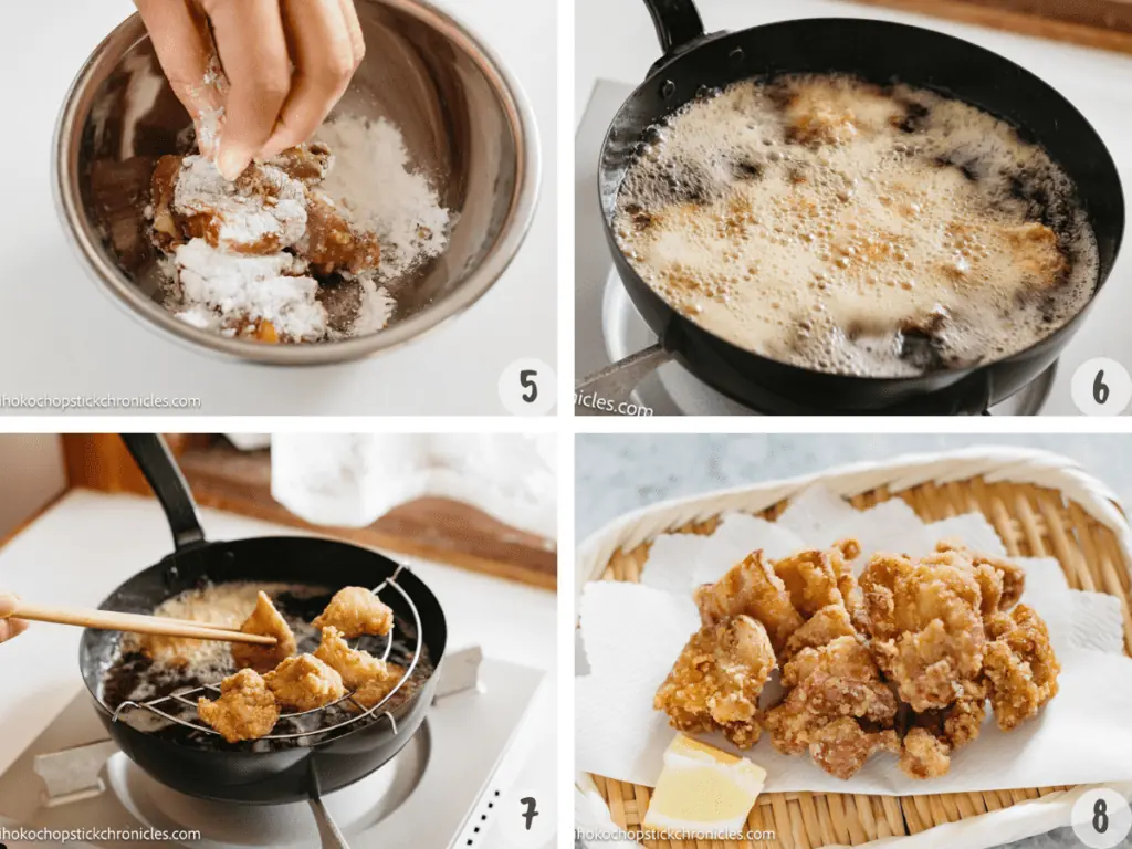 4 images of karaage chicken step by step, coasting chicken with flour and deep frying 