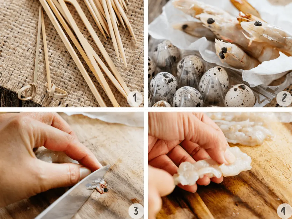 4 images of making kushi katsu step by step spearing ingredients with skewers 