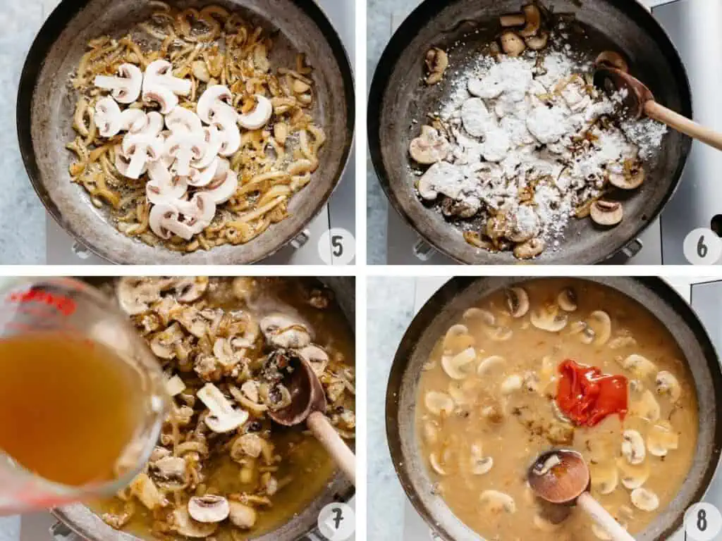 4 images of making loco moco collage. sauteed onion and mushrooms, flour added to the frying pan, beef stock added to the frying pan, and worcestershire sauce and ketchup added to the frying pan.