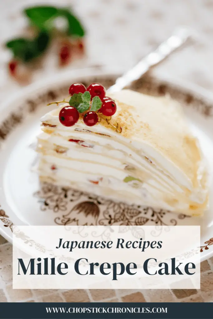 mille crepe cake image with text overlay for pinterest