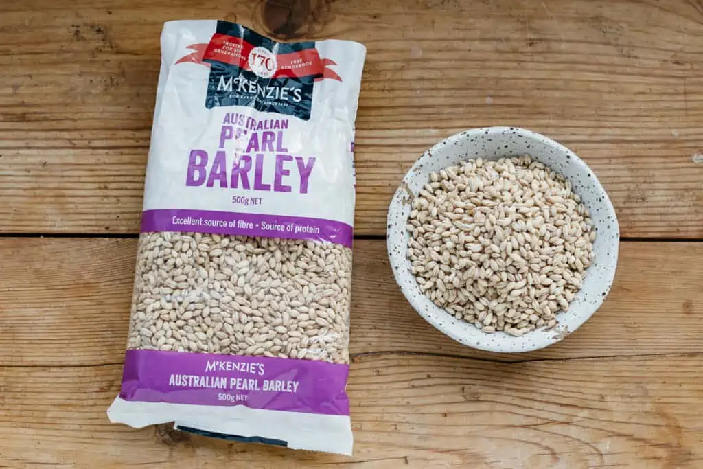 barley grains in a packet and in the small shallow bowl