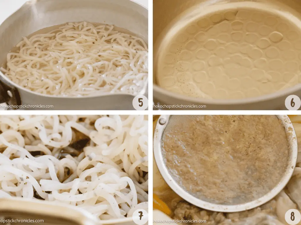 4 images of konjac noodles in cooking pot. 