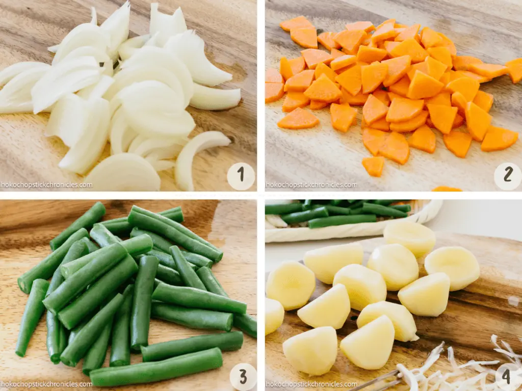 4 images of cut onion, carrot, green beans and potatoes 