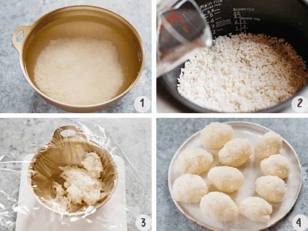 4 images of rice soaking in a bowl, rice in a rice cooker, rice balls made