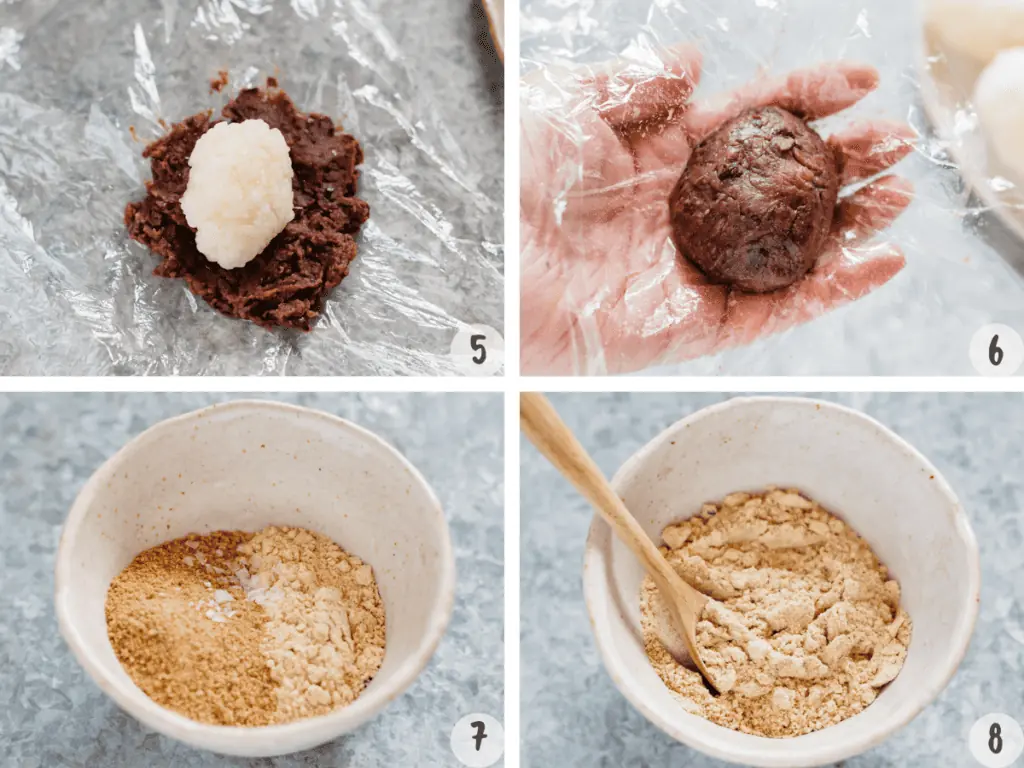 4 ohagi making images, small rice ball on anko over cling wrap in a palm, soybean powder mix in a bowl 