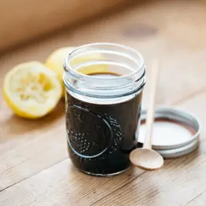 ponzu sauce in sterilized mason jar with lemon in background