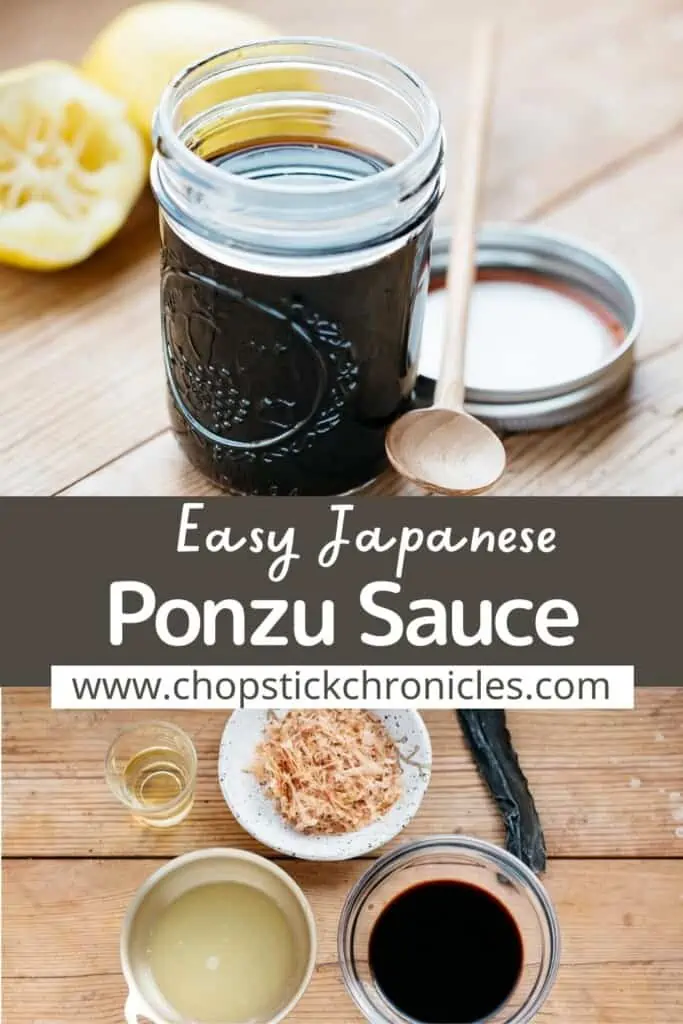 two image collage of ponzu sauce with text overlay for pinterest pin