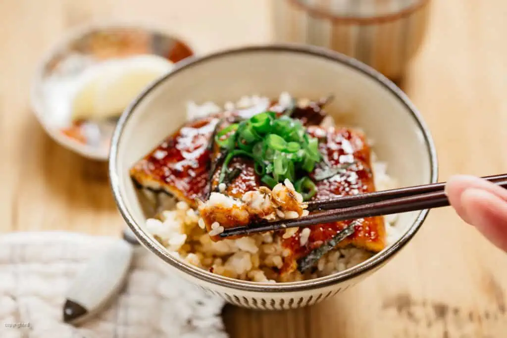 unadon with unagi sauce served in a rice bowl with a pair of chopsticks