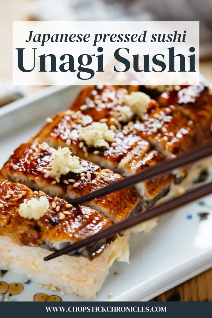 5 pieces of unagi sushi on a rectangle plate with text overlay for pinterest