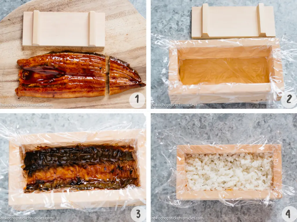 4 images collaged cutting unagi kabayaki to the mold size, layer the mold with cling wrap, place eel kabayaki and rice on top of eel 