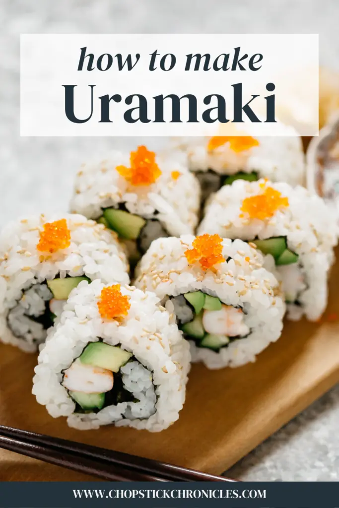 6 pieces of uramaki roll with text overlay for pinterest