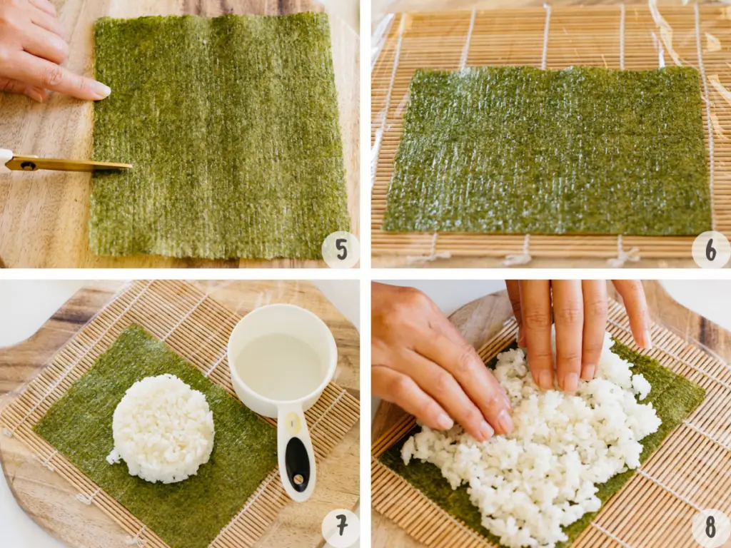 4 images of cutting and laying nori sheet on a plastic film layered bamboo sushi rolling mat and spreading sushi rice over
