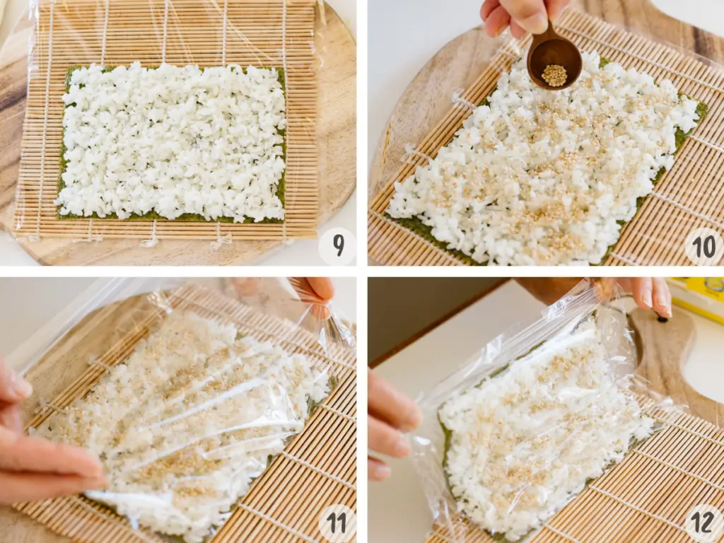 4 images of spreading sushi rice on nori sheet and sprinkle sesame seed and flipping it over with cling wrap