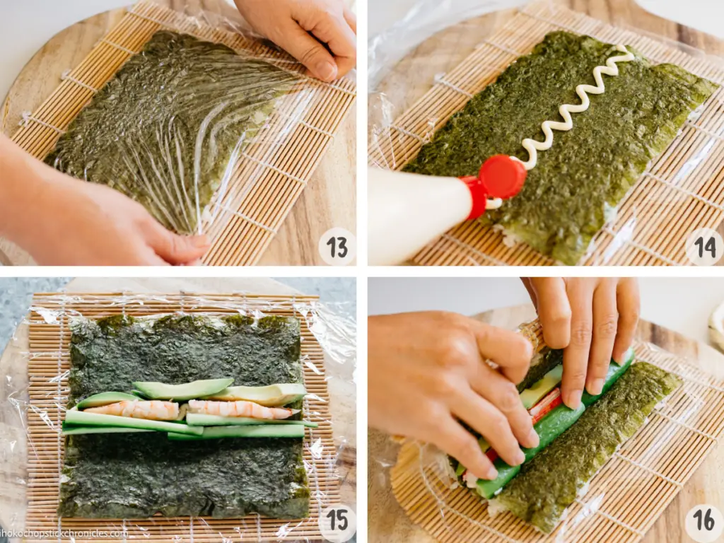 4 images of placing Japanese mayonnaise, and fillings over the mayonnaise and starting to roll 