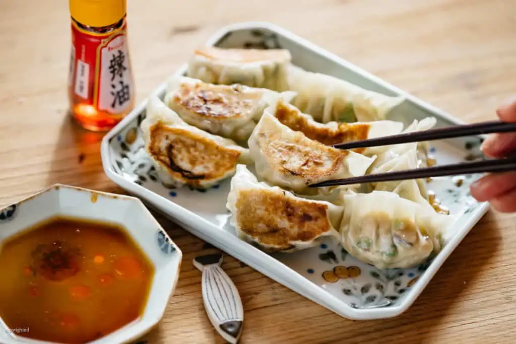 vegetable gyoza served on a rectangle plate with gyoza sauce in a small bowl