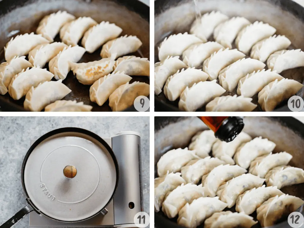 4 images collage of cooking vegetable gyoza