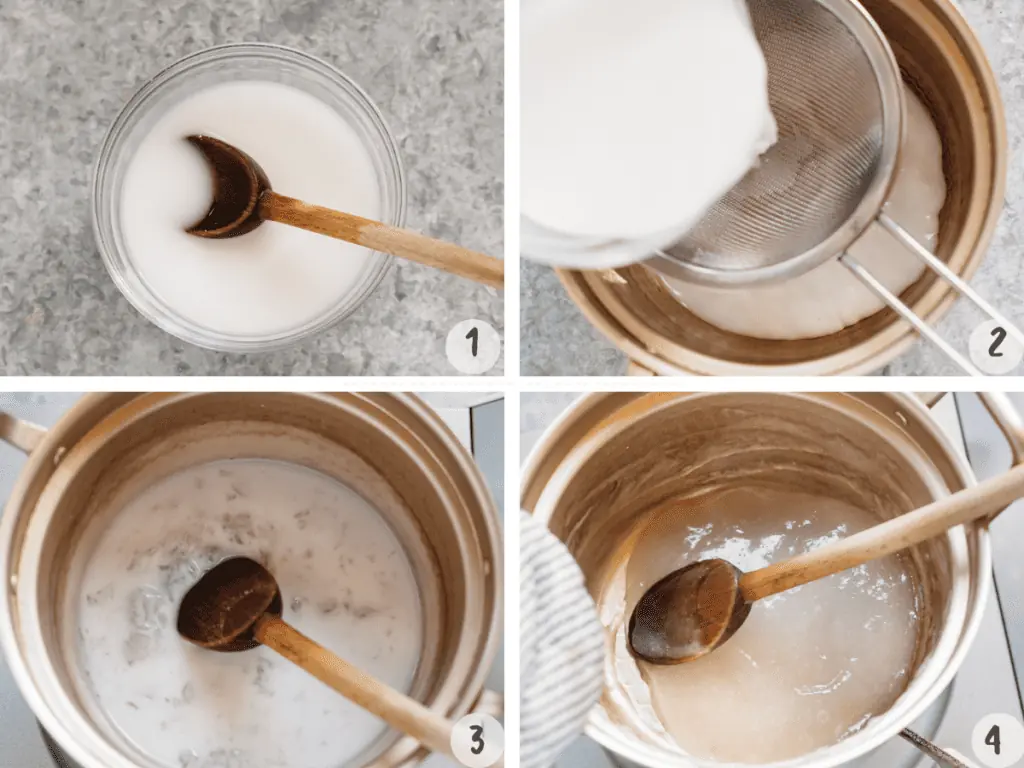 warabi mochi making process in 4 images collage