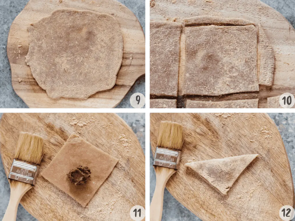4 images of making Yatsuhashi steps, rolling out flat and cutting and folding