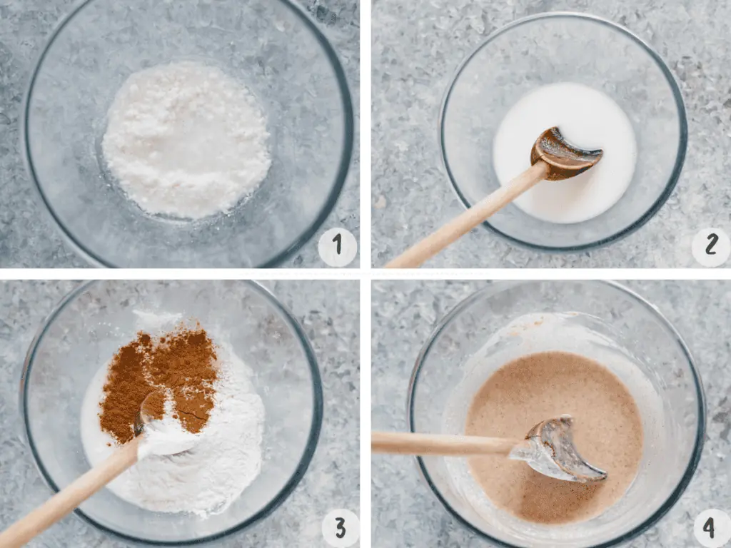 4 images collage of yatsuhashi making steps combining ingredients