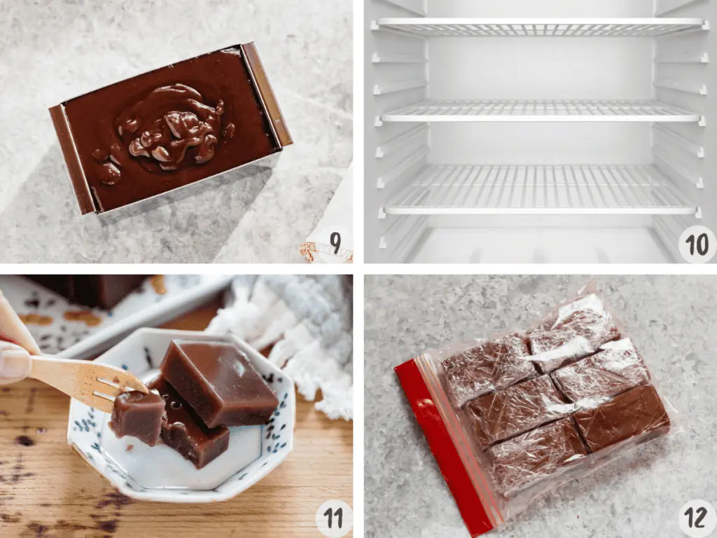 4 images of yokan in a mould, fridge, yokan slices on a plate, and yokan slices in a ziplock bag