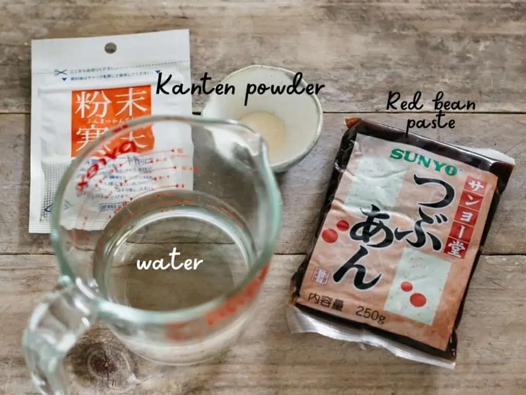 red bean paste, water in a jug, kanten powder  
