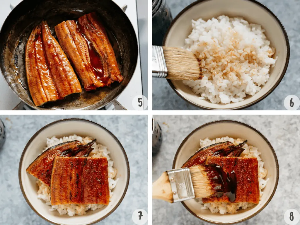 4 images collage of making unadon, serving eel kabayaki on a bed of rice 