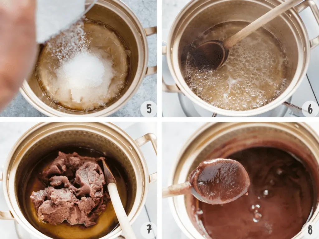 4 images collage of adding sugar and anko paste to the pot
